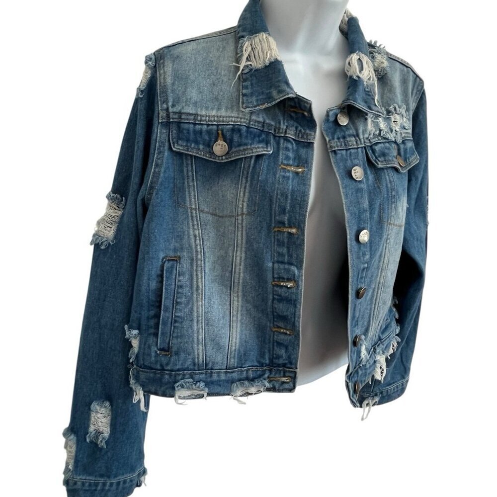 Womens Thrashed Denim Trucker Jacket Chain Open Back Detail Grunge Punk Large - Picture 4 of 14